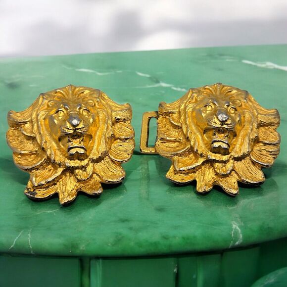 Retro Gold Tone 2-Piece Roaring Lion Head Metal Belt Buckle Vintage Collectable main image 4